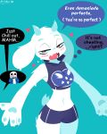  2023 anthro blue_background blush bottomwear bovid breasts caprine clothing digital_media_(artwork) english_text female fur goat horn hydrabb mammal midriff red_eyes sans_(undertale) shorts simple_background speech_bubble text thought_bubble toriel undertale_(series) white_body white_fur 