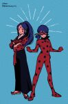  2girls black_pants blue_background bodysuit breasts closed_mouth crossed_arms eye_mask facepaint facial_mark full_body hibidaikansya2 korean_clothes ladybug_(character) legs_apart long_hair long_sleeves looking_at_viewer low_twintails marinette_dupain-cheng miraculous_ladybug mudangbeolle multiple_girls pants parted_hair polka_dot ponytail red_bodysuit red_footwear shoes sidelocks simple_background smile standing twintails 