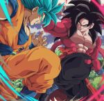  2boys abs arm_up baggy_pants biceps black_hair black_pants blue_eyes blue_hair blue_sash blue_shirt blue_sky blue_wristband body_fur bure_(fantasticyouth7) cloud commentary_request day dougi dragon_ball dragon_ball_gt dragon_ball_heroes dragon_ball_super dual_persona grin hand_up highres knee_up long_hair looking_at_another male_focus monkey_tail multiple_boys muscular muscular_male outdoors pants pectorals profile red_fur sash shirt short_sleeves sky smile son_goku son_goku_(xeno) spiked_hair super_saiyan super_saiyan_4 super_saiyan_blue tail teeth torn_clothes torn_pants tree v-shaped_eyebrows wristband yellow_eyes 