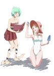  2girls :d adenine_(xenoblade) agate_(xenoblade) barefoot bikini bikini_skirt blonde_hair blue_eyes book breasts chest_jewel cleavage covered_navel gem green_eyes green_hair hat holding holding_book holding_gem holding_shovel kageyasu multiple_girls open_mouth shovel simple_background smile standing strapless strapless_bikini sun_hat swimsuit white_background xenoblade_chronicles_(series) xenoblade_chronicles_2 