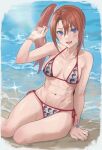  1girl :d absurdres beach bikini blue_eyes blush bracelet breasts brown_hair collarbone commentary_request commission enporion fang hair_between_eyes highres jewelry long_hair medium_breasts navel open_mouth original pink_nails side_ponytail sitting skeb_commission smile solo sparkle swimsuit tomoe_(symbol) water white_bikini yin_yang yin_yang_print 