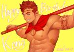  1boy abs arm_tattoo bara brown_eyes brown_hair character_name earrings facial_hair gyee happy_birthday holding holding_weapon itto_(mentaiko) jewelry kong_(gyee) large_pectorals looking_at_viewer male_focus muscular muscular_male nipples pectorals short_hair sideburns smile solo stubble tattoo teeth tiara upper_body weapon 