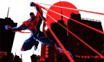  1boy absurdres arm_blade blue_bodysuit bodysuit chinese_commentary chromatic_aberration city facing_viewer full_body high_contrast highres leg_up male_focus marvel mordy muscular muscular_male red_bodysuit red_theme screentones solo spider-man:_across_the_spider-verse spider-man_(2099) spider-man_(series) swinging two-tone_bodysuit weapon white_background 