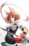  1girl animal_ears arknights armor belt brown_eyes cowboy_shot flametail_(arknights) gauntlets highres holding holding_sword holding_weapon long_hair looking_at_viewer parted_lips red_hair shoulder_armor simple_background solo squirrel_ears squirrel_girl squirrel_tail sword sye tail very_long_hair weapon white_background 