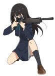  1girl aiming bad_gun_anatomy bipod black_hair black_socks blue_dress brown_footwear covered_mouth dress eyebrows_hidden_by_hair full_body green_ribbon grey_dress gun h&amp;k_psg1 highres holding holding_gun holding_weapon inoue_takina loafers long_hair long_sleeves looking_afar lycoris_recoil lycoris_uniform neck_ribbon nyaru_(nyaru_4126) on_one_knee pleated_dress purple_eyes ribbon rifle scope shoes simple_background sniper_rifle socks solo two-tone_dress very_long_hair weapon white_background 