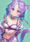  1girl animal_ear_fluff animal_ears blue_eyes bra braid breasts cat_ears cat_girl cat_tail clover clover_hair_ornament four-leaf_clover four-leaf_clover_hair_ornament grey_background hair_ornament heterochromia highres jacket long_sleeves looking_at_viewer medium_hair mitake_eil navel off_shoulder open_clothes open_jacket original panties purple_eyes purple_hair purple_jacket simple_background smile stomach strap_slip tail twin_braids underwear 