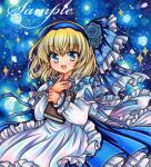  1girl :d adapted_costume alice_margatroid alice_margatroid_(pc-98) apron blonde_hair blue_background blue_dress blue_eyes blue_flower blue_hairband blue_ribbon blue_rose blush book cowboy_shot dress finger_to_mouth flower frilled_apron frilled_dress frills hair_flower hair_ornament hairband hand_up holding holding_book long_sleeves looking_at_viewer marker_(medium) medium_hair open_mouth petals ribbon rose rui_(sugar3) sample_watermark smile solo sparkle standing touhou touhou_(pc-98) traditional_media white_apron 