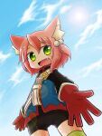  1girl 7th_dragon 7th_dragon_(series) :d animal_ear_fluff animal_ears belt_buckle black_jacket black_shorts blue_sky buckle cloud cloudy_sky day fang fighter_(7th_dragon) gloves green_eyes hair_ornament harukara_(7th_dragon) jacket long_sleeves looking_at_viewer naga_u open_mouth outstretched_arm pink_hair red_gloves short_hair shorts sky smile solo sun 