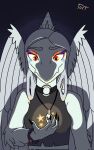  anthro blue_body choker clothed clothing dinosaur fang_(gvh) feathered_wings feathers female front_view goodbye_volcano_high hair hi_res jewelry long_hair makeup necklace orange_eyes pterodactylus pterosaur reptile scalie silver_hair snoot_game_(fan_game) solo star tortpics wings 