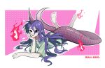  1girl absurdres barefoot character_name fingernails fire green_shirt highres horns kiliko-san long_hair long_tail lying on_stomach open_mouth pointy_ears purple_hair purple_horns shirt short_sleeves single_horn solo tail tenkajin_chiyari the_pose touhou 