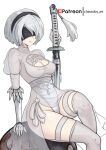  1girl 2b_(nier:automata) artist_name black_blindfold black_hairband blindfold breasts ecchi_chascoby hairband highres katana mole nier nier:automata nier_(series) nipples see-through short_hair simple_background sitting smile solo sword thick_thighs thighhighs thighs weapon white_background white_hair 