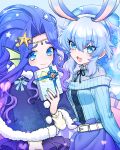  2girls animal_ears blue_eyes blue_hair box closed_mouth gift gift_box hat head_fins highres koriente light_blue_background light_blue_hair liquid_hair long_hair looking_at_viewer mel6969 mermaid monster_girl multiple_girls open_mouth rabbit_ears rabbit_girl show_by_rock!! smile wendy_(show_by_rock!!) 