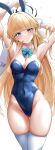  1girl absurdres animal_ears aqua_bow aqua_bowtie armpits arms_up blonde_hair blue_archive blue_eyes blue_leotard bow bowtie breasts cleavage covered_navel cowboy_shot detached_collar earpiece fake_animal_ears halo highleg highleg_leotard highres lds_(dstwins97) leotard long_hair official_alternate_costume playboy_bunny rabbit_ears solo strapless strapless_leotard thighhighs toki_(blue_archive) toki_(bunny)_(blue_archive) white_background white_thighhighs wrist_cuffs 