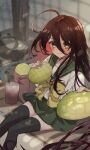  1girl ahoge alastor_(shakugan_no_shana) black_thighhighs bow bowtie bread brown_eyes brown_hair cup drink drinking_glass eating feet_out_of_frame food green_sailor_collar green_skirt hair_between_eyes highres jewelry long_hair melon_bread misaki_high_school_uniform mizoredama1 necklace red_hair sailor_collar sailor_shirt school_uniform serafuku shakugan_no_shana shana shirt skirt smile solo thighhighs white_shirt yellow_bow yellow_bowtie 