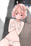  1girl ahoge alternate_costume bikini blurry blurry_background blush closed_mouth commentary_request cowboy_shot embarrassed furaggu_(frag_0416) groin hair_between_eyes highres i-58_(kancolle) kantai_collection looking_at_viewer micro_bikini navel nose_blush outdoors pink_hair red_eyes short_hair solo swimsuit white_bikini 