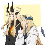  2girls arknights black_sweater blue_eyes blue_necktie blush borrowed_clothes braid commentary dlanon dragon_girl dragon_horns dragon_tail english_commentary green_eyes height_difference horns jacket long_hair looking_at_another multiple_girls necktie pointy_ears reed_(arknights) ribbed_sweater saileach_(arknights) sidelocks sweater tail twitter_username two-tone_background upper_body very_long_hair white_background white_jacket yellow_background 