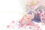  1girl artist_name blurry blurry_foreground dated drawing dress english_commentary flower foru78 gradient_hair hair_between_eyes in_water looking_at_viewer lying multicolored_hair on_back original outdoors petals pink_hair rose snake solo water white_hair 