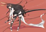  1girl animal_ears azur_lane black_skirt braid breast_curtain breasts brown_eyes brown_hair chikuma_(azur_lane) collared_shirt flower_knot hair_between_eyes hair_ornament high_heels highres holding holding_sword holding_weapon katana long_hair mole mole_under_mouth necktie orange_necktie p.i.t.d pleated_skirt pom_pom_(clothes) rabbit_ears scabbard shadow sheath shirt skirt solo sword thighhighs weapon white_footwear white_shirt zettai_ryouiki 