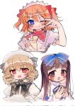  3girls :d ;) ascot beret black_bow black_bowtie blonde_hair blue_bow blue_eyes blunt_bangs bow bowtie brown_eyes brown_hair commentary_request cropped_torso drill_hair fang fang_out frilled_shirt_collar frills hand_up hands_up hat highres iz_toto luna_child multiple_girls one_eye_closed open_mouth orange_hair own_hands_together puffy_short_sleeves puffy_sleeves red_eyes short_sleeves simple_background smile star_sapphire steepled_fingers sunny_milk touhou two_side_up upper_body white_background yellow_ascot 