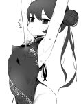  1girl arms_up bangs blue_archive blush breasts china_dress chinese_clothes closed_mouth covered_navel covered_nipples double_bun dragon_print dress flamberge_lo greyscale hair_between_eyes hair_bun kisaki_(blue_archive) long_hair monochrome nipples pelvic_curtain simple_background small_breasts solo sweat twintails 