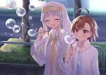  2girls :3 :d ahoge asymmetrical_bangs blowing blue_dress blurry blurry_background blush bob_cut brown_eyes brown_hair bubble bubble_blowing bubble_wand bush closed_eyes coat commentary dress facing_viewer foliage grey_hair habit heart height_difference highres holding holding_wand index_(toaru_majutsu_no_index) lab_coat last_order_(toaru_majutsu_no_index) long_hair long_sleeves looking_ahead looking_at_object multiple_girls nun open_clothes open_coat open_mouth outdoors polka_dot polka_dot_dress railing robe roruku safety_pin short_hair sidewalk smile soap_bubbles standing stone_floor toaru_kagaku_no_railgun toaru_majutsu_no_index tree upper_body wand white_coat white_headwear white_robe 