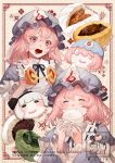  1girl anpan baozi blue_dress cake character_food curry_bread dress eating food fruit highres konpaku_youmu matcha_(food) mochacot pink_eyes pink_hair saigyouji_yuyuko smile sparkle strawberry strawberry_shortcake strawberry_slice touhou 