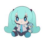  +_+ alzcats aqua_eyes aqua_hair character_doll commentary english_commentary hatsune_miku headset long_hair smile sparkle twintails v-shaped_eyebrows vocaloid 