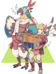  2boys accordion bird_boy blue_eyes earrings ebira instrument jewelry kass light_brown_hair link multiple_boys musical_note pointy_ears sheikah_slate sidelocks simple_background snowquill_set_(zelda) the_legend_of_zelda the_legend_of_zelda:_breath_of_the_wild translated 