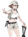  1girl belt black_eyes breasts brown_hair cleavage fio_germi glasses grey_headwear hat highres hip_vent kawatiw large_breasts looking_at_viewer metal_slug midriff open_mouth ponytail round_eyewear short_ponytail short_shorts short_sleeves shorts simple_background solo v white_background 