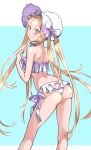  1girl abigail_williams_(fate) abigail_williams_(swimsuit_foreigner)_(fate) abigail_williams_(swimsuit_foreigner)_(third_ascension)_(fate) ass back bare_shoulders bikini blonde_hair blue_eyes blush bonnet bow breasts fate/grand_order fate_(series) forehead hair_bow highres long_hair looking_at_viewer looking_back miniskirt parted_bangs shinsaku_(stan-art) sidelocks skirt small_breasts smile solo swimsuit thighs twintails very_long_hair white_bikini white_bow white_headwear 