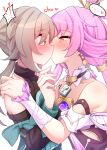  ! !! ... absurdres blush from_side fu_xuan_(honkai:_star_rail) grey_hair hair_ornament heart highres honkai:_star_rail honkai_(series) kiss mahjong mahjong_tile pink_hair qingque_(honkai:_star_rail) rustysalmon short_hair spoken_heart yuri 