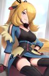  1girl arm_support black_ribbon black_shorts blonde_hair boots breasts collarbone commentary cynthia_(pokemon) cynthia_(sygna_suit)_(aura)_(pokemon) eyelashes gloves gonzarez grey_eyes grin hair_over_one_eye hair_ribbon hand_on_own_hip highres large_breasts long_hair official_alternate_costume pokemon pokemon_(game) pokemon_masters_ex ponytail red_gloves ribbon shorts sitting smile solo thigh_boots very_long_hair wavy_hair 