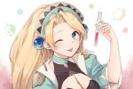  1girl atelier_(series) atelier_marie blonde_hair blue_eyes blush breasts cleavage coat commentary_request earrings flask green_coat hand_up hari_(gorse6my) headdress holding holding_flask jewelry kawaikute_gomen_(honeyworks) long_hair looking_at_viewer marie_(atelier) medium_breasts one_eye_closed open_clothes open_coat parody smile solo tongue tongue_out twitter_username upper_body wide_sleeves 