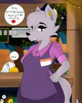  absurd_res anthro apron avian bird canid canine canis canyon chiki_(chiki_chase) chiki_chase clothing coffee_shop dankbudgie dessert duo female feral fiona_(chiki_chase) food hi_res male mammal night ordering_beverage ordering_food solo_focus wolf worker 