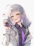  1girl ahoge black_shirt blunt_bangs cellphone collared_shirt highres holding holding_phone hololive jacket long_hair looking_at_viewer miakiuehashi murasaki_shion necktie open_mouth phone purple_necktie shirt sidelocks smartphone smile upper_body virtual_youtuber white_background white_hair white_jacket yellow_eyes 