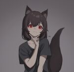  1girl absurdres animal_ear_fluff animal_ears black_shirt brown_hair ellu fang fang_out grey_background highres looking_at_viewer original red_eyes shirt short_hair short_sleeves simple_background skin_fang smile tail 