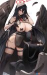  1girl 1other alternate_costume areola_slip artist_name belt black_belt black_gloves black_hair black_panties black_thighhighs black_wings blue_archive blush breasts chair covered_navel feathered_wings gloves greatodoggo half_gloves hasumi_(blue_archive) highres large_breasts long_hair mole mole_under_eye necktie open_mouth panties pasties red_eyes red_necktie see-through smirk thighhighs underwear very_long_hair wings 