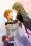  1boy 1girl agnes_oblige belt_pouch black_gloves black_hair bravely_default:_flying_fairy bravely_default_(series) brown_eyes brown_gloves brown_hair dress eye_contact gloves hairband hands_on_another&#039;s_back hands_on_another&#039;s_shoulders highres hug long_hair long_sleeves looking_at_another nanpou_(nanpou0021) open_mouth pouch shirt short_hair tiz_arrior white_dress white_shirt 