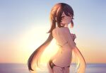  1girl ass bikini black_bikini black_nails blush breasts brown_hair butt_crack closed_mouth covering covering_breasts genshin_impact gradient_sky highres hu_tao_(genshin_impact) long_hair low_twintails neit_ni_sei ocean red_eyes sky small_breasts solo sunset swimsuit twintails very_long_hair wet 