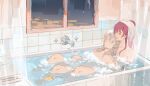  2girls bathing bathtub commentary curtains faucet grey_hair highres honkai:_star_rail honkai_(series) indoors kafka_(honkai:_star_rail) long_hair multiple_girls nude nyoomcat one_eye_closed partially_submerged purple_hair purple_lips rubber_duck soap_bubbles stelle_(honkai:_star_rail) towel towel_on_head trailblazer_(honkai:_star_rail) water 