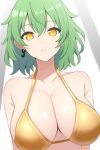  1girl bare_shoulders bikini breasts cleavage closed_mouth collarbone commentary earrings gold_bikini gradient_background green_hair grey_background hair_between_eyes highres hikage_(senran_kagura) jewelry light_frown looking_at_viewer paid_reward_available senran_kagura slit_pupils solo surippa1010 swimsuit upper_body white_background yellow_eyes 
