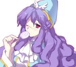  1girl accord_sensei artist_request ascot blue_dress blue_headwear breasts candy curly_hair dress eating food lollipop long_hair medium_breasts purple_hair puyopuyo red_eyes round_eyewear simple_background sketch solo upper_body very_long_hair white_ascot white_background white_dress 