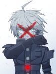  1boy ahoge crying danganronpa_(series) danganronpa_v3:_killing_harmony facial_mark frown glowing gohan_(8823cobalt) grey_eyes grey_hair joints k1-b0 male_focus pale_skin robot robot_joints short_hair solo white_background wiping_face x 