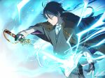  1boy akutagawa_ryuunosuke_(bungou_to_alchemist) antenna_hair ascot black_gloves blue_eyes blue_hair blue_vest book brooch brown_cape bungou_to_alchemist cape cowboy_shot dark_blue_hair drawing_sword earrings energy gears gloves grey_background grey_kimono hair_between_eyes holding holding_sword holding_weapon ichii_(ichii_00) japanese_clothes jewelry kimono long_hair long_sleeves looking_ahead low_ponytail male_focus materializing open_book parted_lips partially_fingerless_gloves shirt solo sword vest weapon white_ascot white_shirt wide_sleeves 