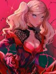  1girl alternate_costume black_choker blonde_hair blue_eyes blush breasts carmen_(persona_5) carmen_(persona_5)_(cosplay) choker cleavage commentary_request cosplay dress flower heart heart_print lips long_hair looking_at_viewer medium_breasts momotamago parted_lips persona persona_5 pink_lips red_background red_dress red_flower red_rose rose signature solo swept_bangs takamaki_anne twintails 