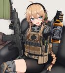  1girl :d alcohol bike_shorts blonde_hair blue_eyes blush bottle braid braided_ponytail couch curtains cz_bren-2 gaiters glass gloves green_curtains grey_sweater headset highres holding holding_bottle holding_weapon indie_virtual_youtuber knee_pads load_bearing_vest magazine_(weapon) mole mole_under_eye radio sitting smile solo sweater tactical_clothes thighhigh_gaiters thighhighs thighs weapon whiskey whiskey_project yakob_labo 