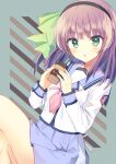 1girl :o absurdres aiyan angel_beats! black_hairband blue_sailor_collar blue_skirt blunt_bangs blush bow commentary_request company_name crossed_legs cup drinking_straw dutch_angle eyelashes eyes_visible_through_hair fingernails floating_hair green_background green_bow green_eyes hair_bow hair_over_shoulder hairband hands_up head_tilt highres holding holding_cup leaning_back long_hair long_sleeves looking_at_viewer miniskirt nakamura_yuri neckerchief open_mouth pink_neckerchief pleated_skirt purple_eyes sailor_collar school_uniform serafuku shinda_sekai_sensen_uniform shirt simple_background sitting skirt solo white_shirt 