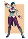  1girl absurdres ascot blue_eyes blue_hair breasts cirenk cleavage_cutout clothing_cutout elisabeth_blanctorche highres jacket large_breasts pants purple_ascot riding_crop short_hair simple_background snk solo the_king_of_fighters the_king_of_fighters_xi waist_hold 