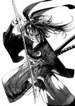  1girl absurdres arm_guards crescent fighting_stance greyscale hair_ribbon hakama highres holding holding_sword holding_weapon isekai_samurai japanese_clothes katana monochrome open_mouth ribbon scar scar_on_face scar_on_nose sheath solo sword tsukitsuba_ginko weapon yamakusa_yuu 