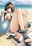  1girl architect_(girls&#039;_frontline) architect_(nvw_model)_(girls&#039;_frontline) arm_rest barefoot beach beach_towel bird black_footwear black_gloves black_hair black_one-piece_swimsuit breasts cloud cloudy_sky commentary_request crossed_ankles day feet fingerless_gloves fingernails full_body girls&#039;_frontline gloves gloves_removed hair_ornament head_rest highres ikarusflyhigh inflatable_shark inflatable_toy jewelry large_breasts legs lipstick long_hair looking_at_viewer makeup nail_polish necklace ocean one-piece_swimsuit one_side_up outdoors pink_eyes pink_lips pink_nails sand sangvis_ferri seagull shoes shoes_removed single_shoe sitting sky smile soles solo swimsuit toeless_footwear toenail_polish toenails toes towel water wet 